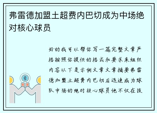弗雷德加盟土超费内巴切成为中场绝对核心球员 弗雷德加盟土超费内巴切成为中场绝对核心球员