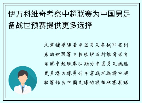 伊万科维奇考察中超联赛为中国男足备战世预赛提供更多选择